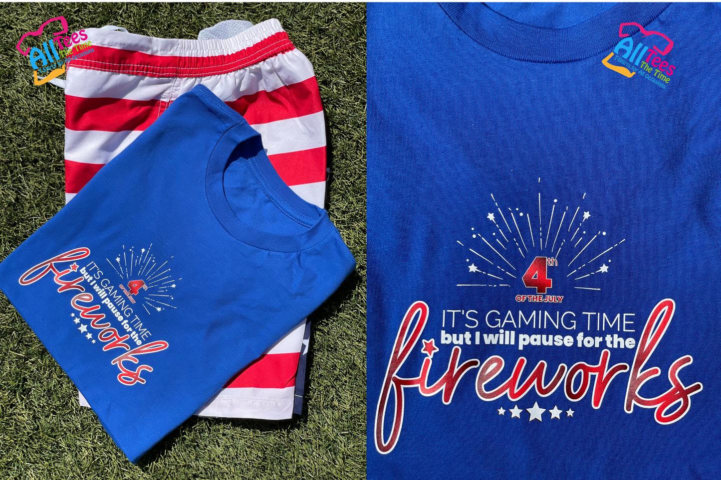 Blue shirt, with white fireworks at the top of the shirt. The shirt says It's Gaming Time but I will pause for the fireworks. 