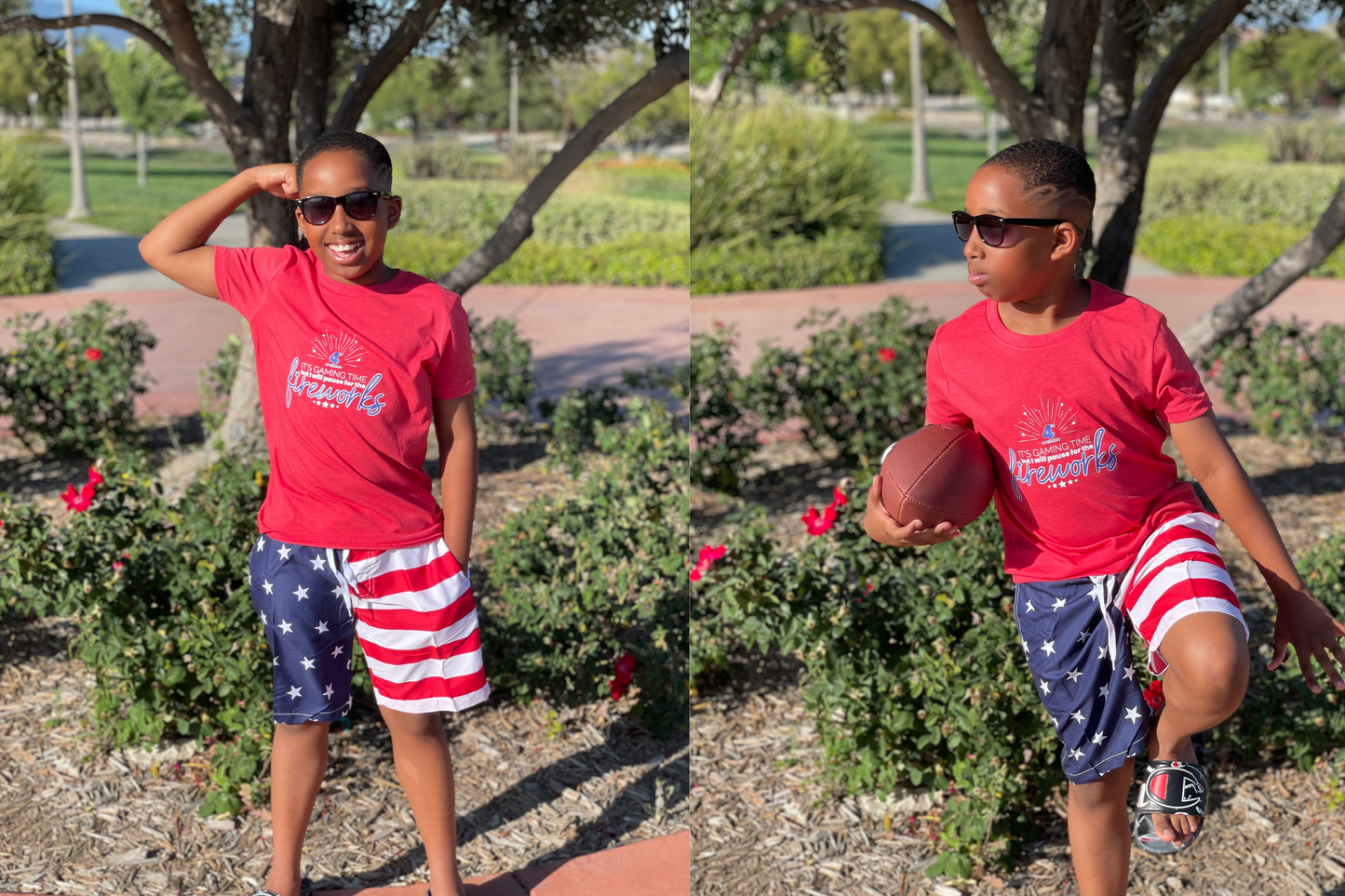 Red shirt, with white fireworks at the top of the shirt. The shirt says It's Gaming Time but I will pause for the fireworks. 