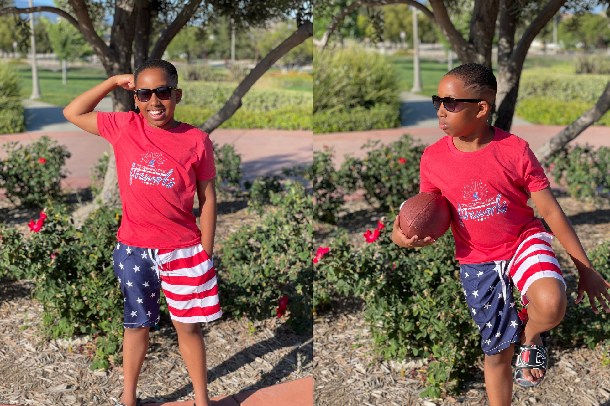 Red shirt, with white fireworks at the top of the shirt. The shirt says It's Gaming Time but I will pause for the fireworks. 